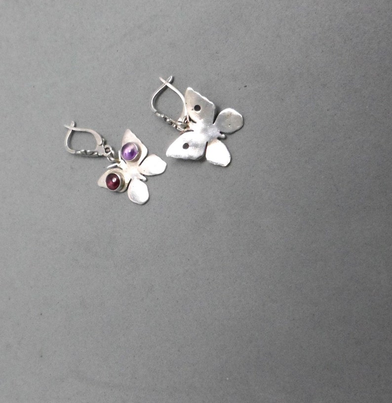 Short Dangle Women Free Gift Valentine Free Shipping Teens Adorned with Red Garnet and Purple Amethyst Butterfly Silver Earrings