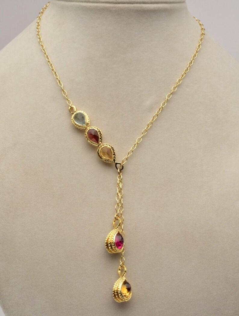 NEW YEAR SALE: Y Gold Necklace 5 Drop Bezels Inlaid with 7 image 1