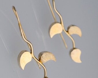 Extra Long Leaves Earrings, Botanical Earrings, 24k Gold Plated Wavy Branch and 3 Small Leaves, GF Hook, Elegant,for Wedding, Nickel Free