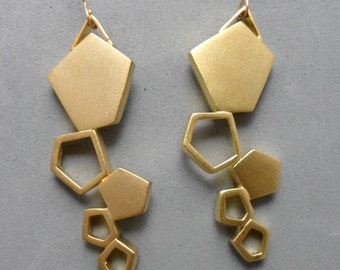 Gold Geometric Earrings, Extra Long Dangle, 5 attached Pentagons and Nickle-Free Hook, Contemporary, Boho,