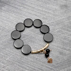 Black Beaded Bracelet, Elastic, Black Disc-shaped Onyx Beads, Gold Filled Tube with Heart Charm, Valentine, all Outfits