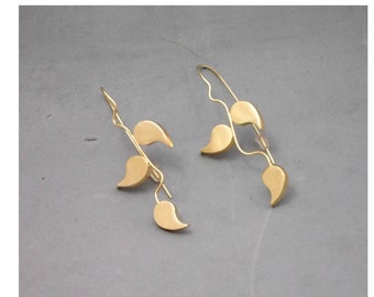 Extra Long Earrings, Gold Plated, 3 Stylized Leaves Attached to a Curved Branch, Elegant, Impressive, Wedding, For Nature Lovers