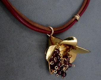 Choker Pendant Necklace, Gold Flower,  Garnet Bead Cluster, Leather Strings, Wedding, Prom,