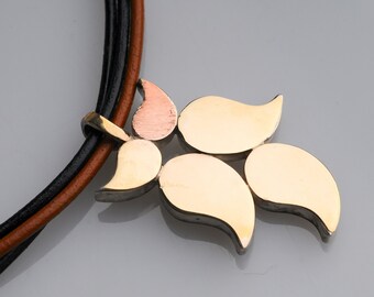 Leather Choker, 5 Gold Leaves Pendant, Hanging on 3 Leather Strings with Gold Filled Tubes, Statement, Wedding, Festive