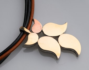 Leather Choker Pendant, 5 Gold  Stylized Leaves, 3 Leather Strings with Gold Filled Tubes, Statement,