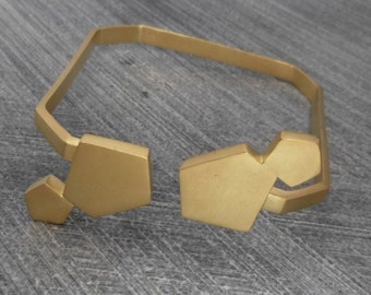 Gold Bangle Bracelet, Open Cuff, Geometric, 2 Pentagons from Each Side, Boho Style, Trendy,