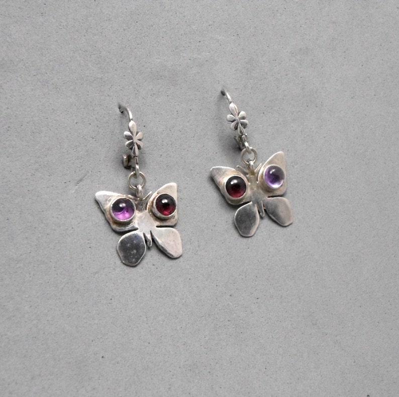 Short Dangle Women Free Gift Valentine Free Shipping Teens Adorned with Red Garnet and Purple Amethyst Butterfly Silver Earrings