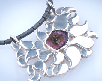 Statement Necklace, Huge Pendant of  Silver Leaves with Watermelon Tourmaline, Chunky Festive, Unconventional, Statement