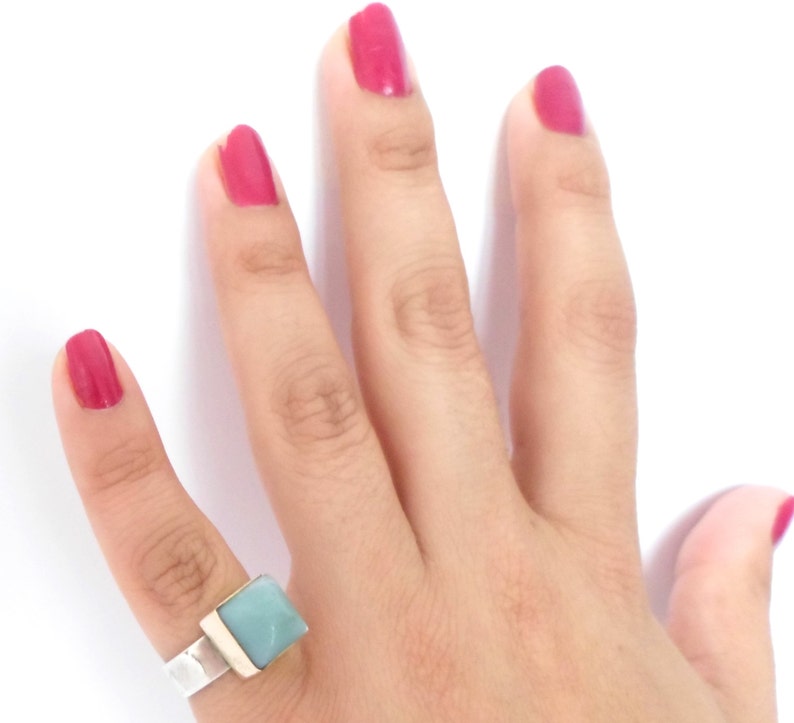 Green Ring, 9k Gold Square Bezel with Amazonite Stone Stacking over a Silver Band, For Small Finger image 5