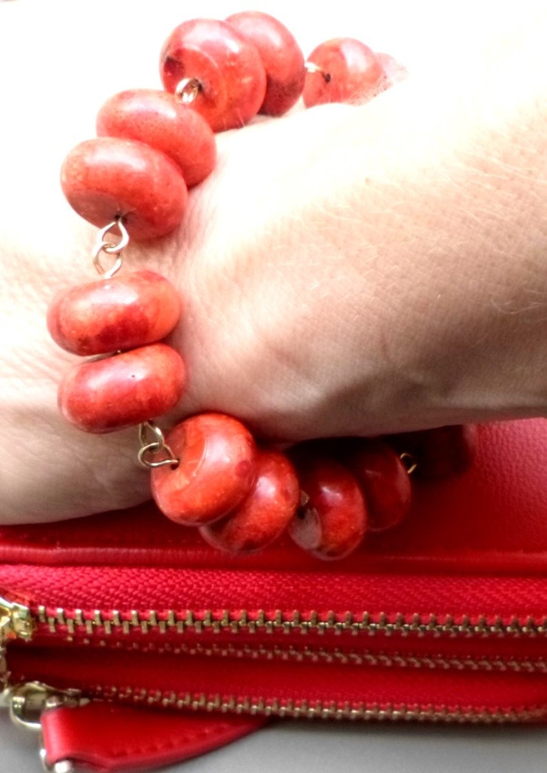 Rustic Vintage Inspired Valentines Romantic Red Bracelet Coral Beads Threaded on Gold Filled Wire