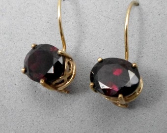 9k Gold Earrings, Short Dangle, Red Faceted Garnet, Inlaid in a Vintage Style Bezel, Classic, Romantic, Valentines