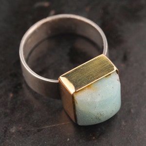 Green Ring, 9k Gold Square Bezel with Amazonite Stone Stacking over a Silver Band, For Small Finger image 6