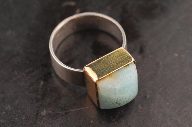 Green Ring, 9k Gold Square Bezel with Amazonite Stone Stacking over a Silver Band, For Small Finger image 6