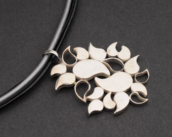 Leather Choker, with Silver Leaves Pendant Hanging on 3 Leather Strings, Black and Silver, Statement, Wedding, Festive
