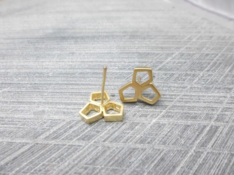 Geometric Gold Stud Earrings of 3 Hollow and Uneven Pentagons, Nickel Free, Dainty, Delicate, for Women and Teens, Casual, Trendy, Dainty image 2