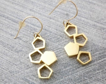 Gold Geometric Earrings, 4 asymmetric Welded Pentagons, Minimalist, Contemporary, For Women &Teens, For All Outfits