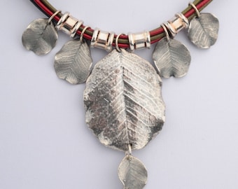 Choker Pendant Necklace, 7 Natural Leaves, Electroformed, 5 Leather Strings Statement, Nature Inspired