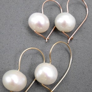 White Pearl Earrings, Short Dangle, Gold Filled Wire, Solitaire, Bridal, Classic, Wedding