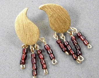 Stud Earrings, Leaf Shaped Element, Tiny Bordeaux Garnet beads, 9k stud, For Sensitive Ear,