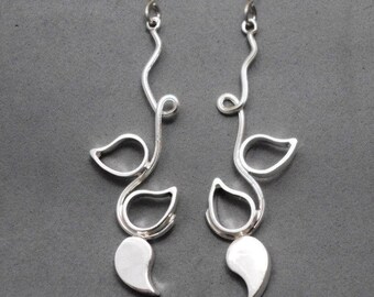 Leaf Earrings with Silver Wavy Branch, Botanical Earrings,  Extra Long Dangle, Rustic, Vintage Style, For Any Outfit, Nature Inspired