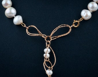 White Pearl Necklace with Gold Filled Curved Wire Pendant, Elegant, Bridal, Festive, Unconventional ,Wedding