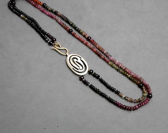 Statement Multicolored Necklace, OOAK, 2 Rows of Tourmaline, Gold Clasp, Extra Long, Fine Jewelry,