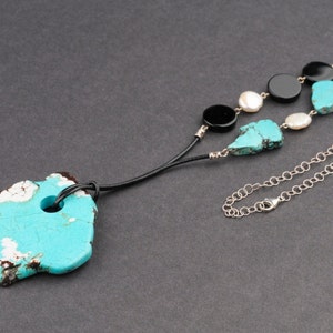 Long Rock Pendant Necklace, Extra Big Slice of Turquoise, Leather and Silver Chain, White Pearls, Black Onyx, Rustic, for Long Outfit