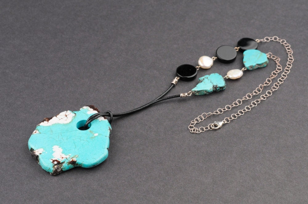 Long Rock Pendant Necklace, Extra Big Slice of Turquoise