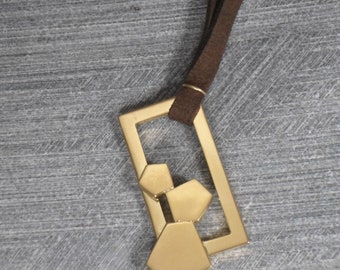 Long Geometric Pendant, Rectangular Pendant with 3 Pentagons, Long Leather String, Boho, 24k Plating, For Long Outfit