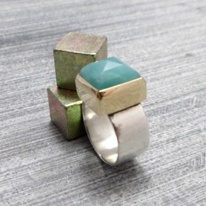 Green Ring, 9k Gold Square Bezel with Amazonite Stone Stacking over a Silver Band, For Small Finger image 1