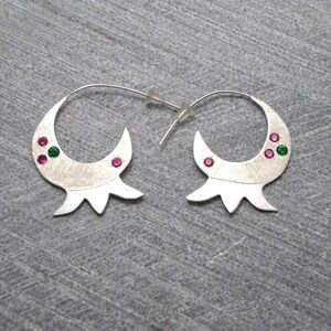 Big Pomegranate  Hoop Earrings, Silver, Inlaid Red and Green Zircons, Multicolored, Original, Modern