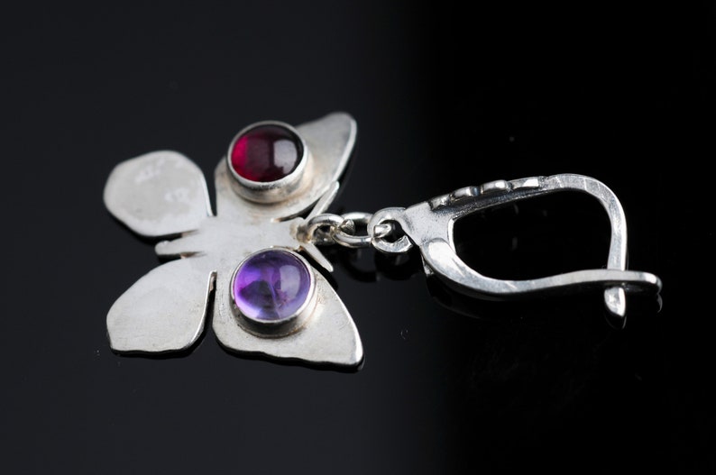Short Dangle Women Free Gift Valentine Free Shipping Teens Adorned with Red Garnet and Purple Amethyst Butterfly Silver Earrings