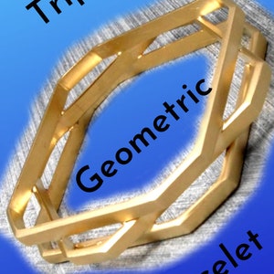 May include: Gold-colored geometric bracelet with a triple design. The bracelet features an open, angular design with the word "Tripled" at the top, "Geometric" in the middle, and "Bracelet" at the bottom.