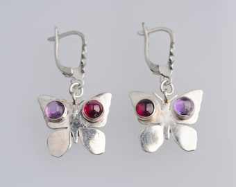 Silver Butterfly Earrings, Adorned with Red Garnet and Purple Amethyst, Short Dangle, Teens, Women, Valentine