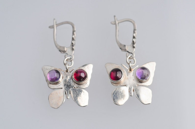 Short Dangle Women Free Gift Valentine Free Shipping Teens Adorned with Red Garnet and Purple Amethyst Butterfly Silver Earrings