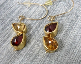 Short Dangle Earrings, 2 Drop Bezels, Diagonally Placed, Inlaid with Red Garnet and Yellow Citrine, Romantic, Dainty, Valentines, Wedding,
