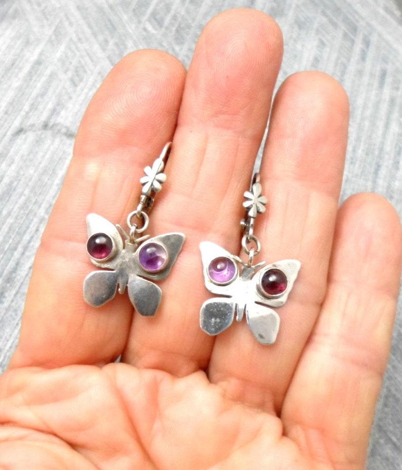 Short Dangle Women Free Gift Valentine Free Shipping Teens Adorned with Red Garnet and Purple Amethyst Butterfly Silver Earrings