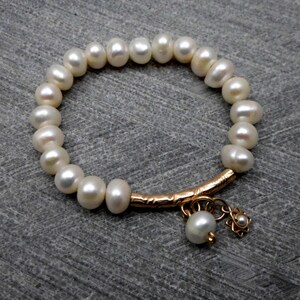 White Pearl Bracelet, Elastic, Gold Filled Tube with a Charm, Elegant, Bridal, Wedding, Delicate, for Teens and Women