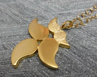 Long Gold Pendant, 5 Stylized Leaves, Gold Filled Chain, Statement, Elegant, Wedding, Festive, Nature Inspired, for Long Outfit