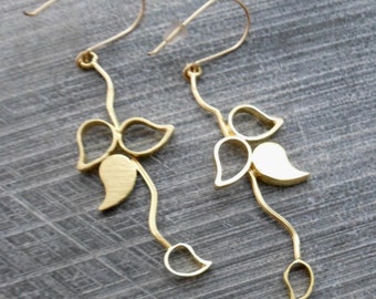 Gold Dangle Earrings, Extra Long, 4 Gold Plated Small Leaves on Wavy Branch and GF Hook, Prom