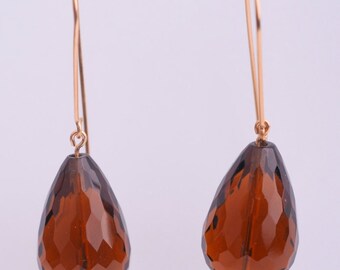 Big Drop Earrings, Brown, Extra Long Dangle, Gold Filled Hook, with Big  Faceted  Smoky Quartz Teardrop, Casual, Working Woman