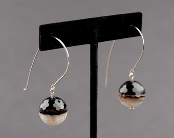 Black and White Earrings, Long Dangle, Silver Wire and Agate  Bead, Op-Art, Casual,