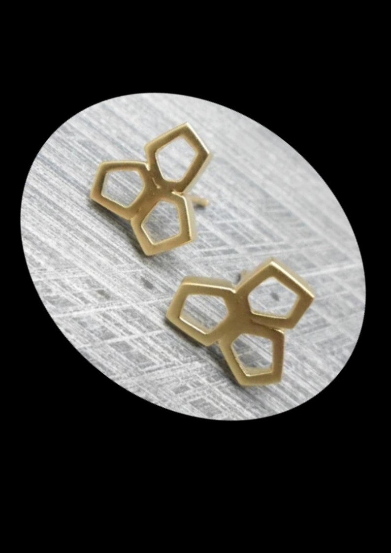 Geometric Gold Stud Earrings of 3 Hollow and Uneven Pentagons, Nickel Free, Dainty, Delicate, for Women and Teens, Casual, Trendy, Dainty image 5