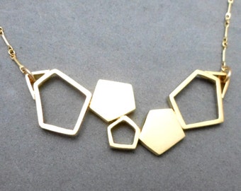 Gold Geometric Necklace with 5 Asymmetric Pentagons, Contemporary, Urban, Boho, Trendy, Minimalist