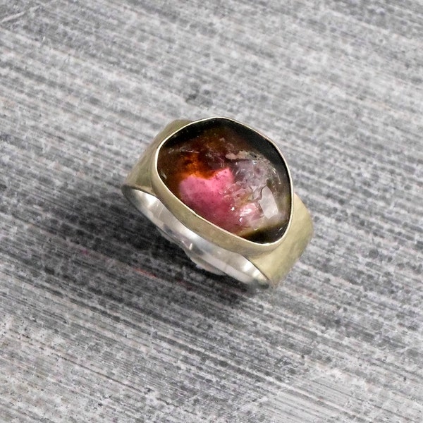 Multicolored Stacking Ring, 9k Gold Bezel, Inlaid by Rainbow Tourmaline and Solded over  Gold Ring, Rustic, Raw Gemstone, OOAK