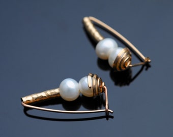 White Pearl Earrings,  Short Dangle, Gold Filled Tube with 2 Small Pearls and Spiral Wire, Dainty, Light, Bridal, Wedding