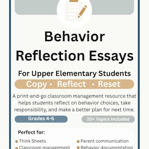 May include: A white educational resource sheet titled Behavior Reflection Essays for Upper Elementary Students, Grades 4-6. It features a clipboard icon, the text Copy, Reflect, Reset, and lists uses including Think Sheets and behavior documentation.