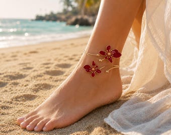 Gold Floral Arm Cuff and Anklet Bracelet, Boho Beach Summer Jewelry