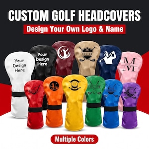 Könnte beinhalten: Eine Sammlung von individuellen Golfschlägerhauben in verschiedenen Farben wie Weiß, Schwarz, Kastanienbraun, Beige, Marineblau, Rosa, Rot, Orange, Gelb, Grün, Blau und Lila. Jede Haube verfügt über ein schwarzes Gummiband und individuelle Aufdrucke.