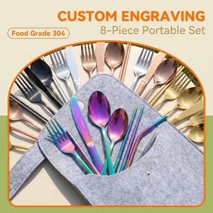 May include: An 8-piece portable cutlery set featuring iridescent rainbow-colored utensils including a fork, knife, and spoon, alongside various metallic-toned flatware. The set is displayed with a grey felt storage pouch and text reading CUSTOM ENGRAVING.